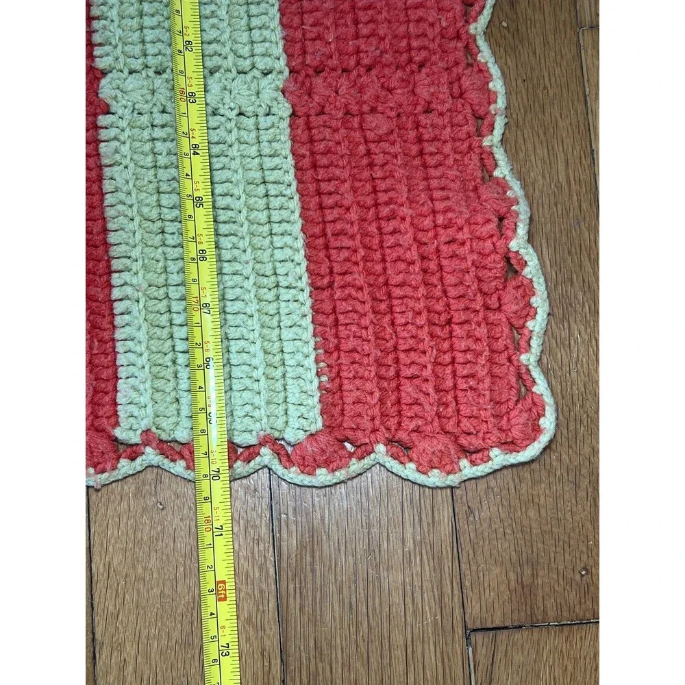 Handmade Crochet Striped Afghan Blanket Lap Throw 71x50 Coral Green Cottage